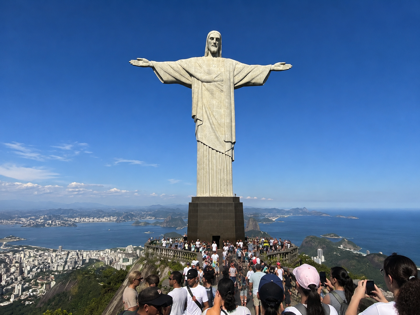 Christ the Redeemer statue on Rio de Janeiro's Corcovelo mountain, with a crowd of tourists gathered at its base and the city and bay in the background under a bright blue sky.