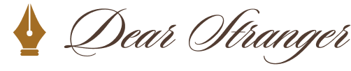 A minimalist logo featuring a gold fountain pen nib icon on the left and the cursive text 'Dear Stranger' in dark brown on the right.